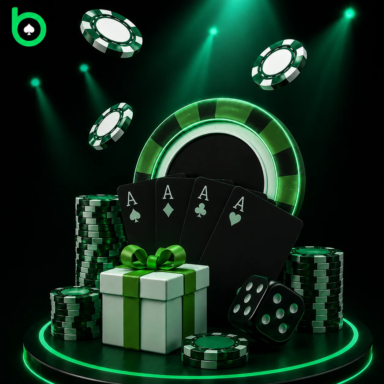 BC Poker casino-themed banner with poker cards, poker chips, gift box, dice and glowing poker elements on a dark green background with logo.
