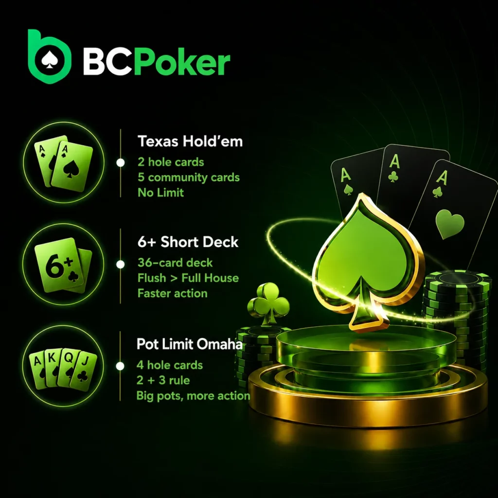 BC Poker poker game formats banner featuring Texas Hold’em, 6+ Short Deck and Pot Limit Omaha with key gameplay features and poker visuals.