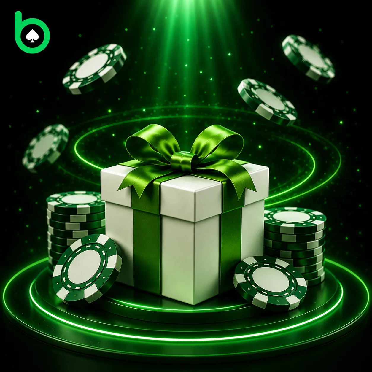 BC Poker bonus gift box banner with central reward box, floating poker chips and premium casino-style visuals in green neon design
