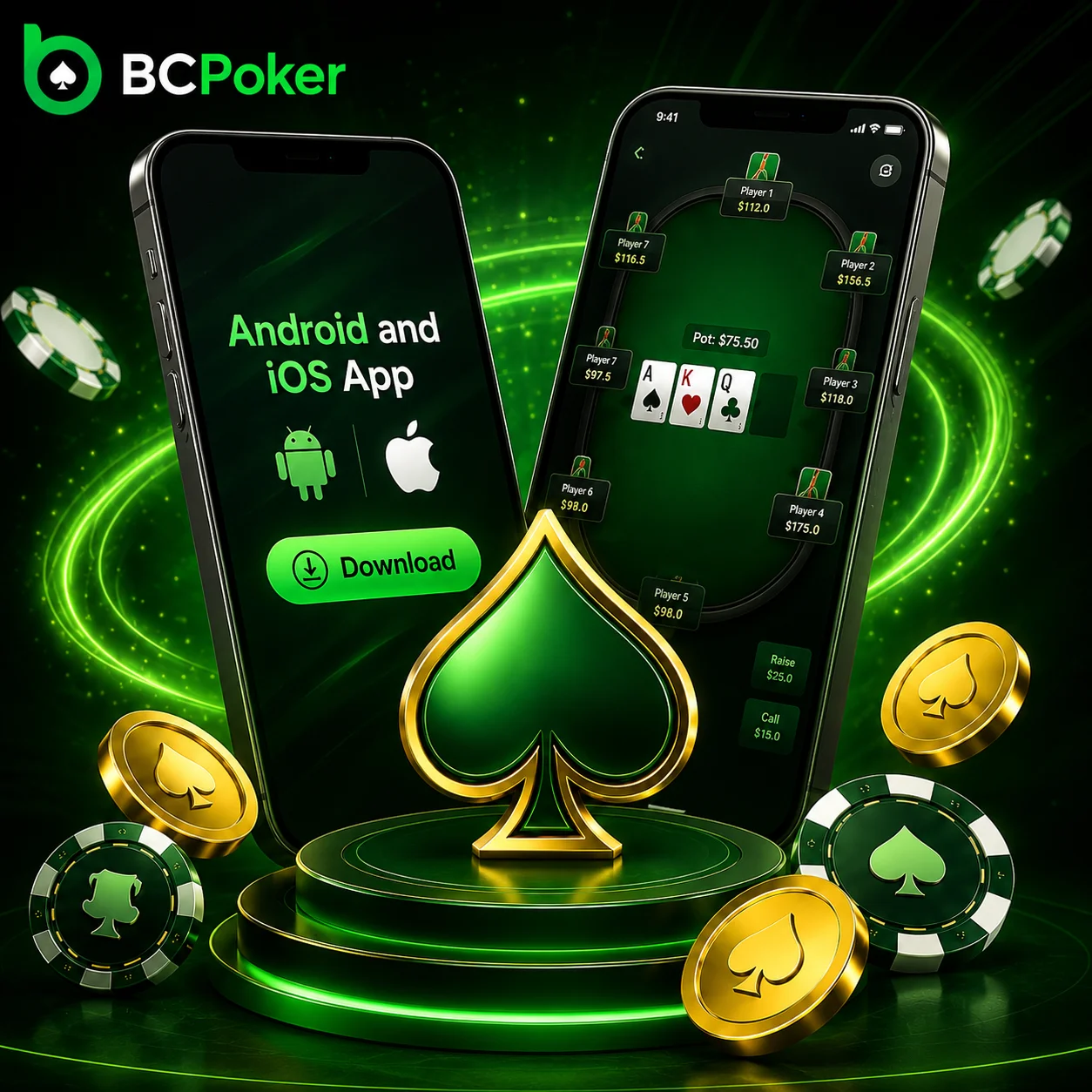 BC Poker mobile app download banner with Android and iOS app display, download button, poker table interface and casino-style green visuals
