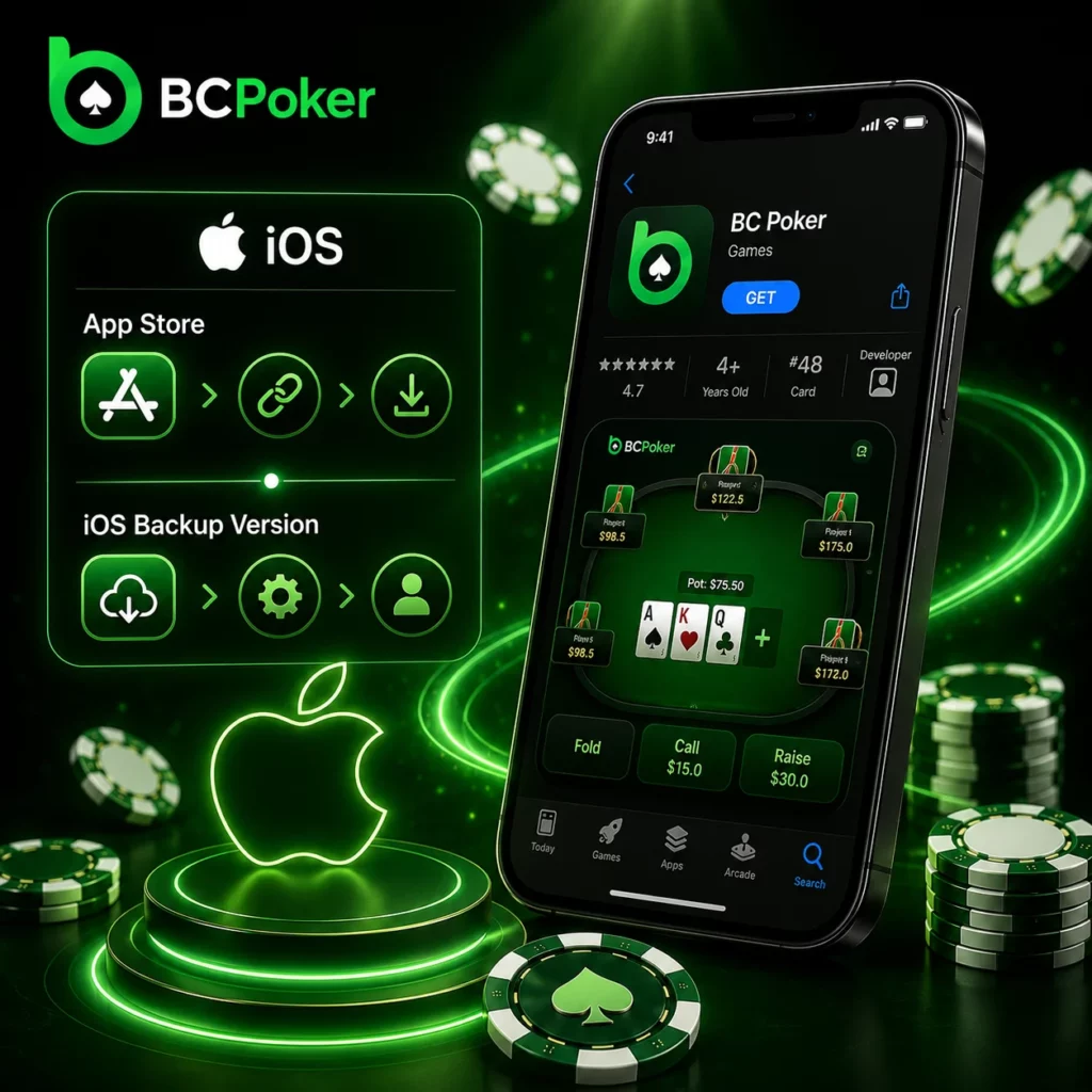 BC Poker iOS app installation banner with App Store setup, iOS backup version option, iPhone interface and download process visuals in green casino style