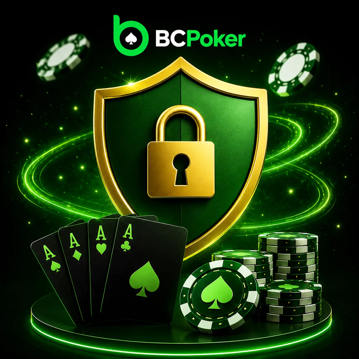 BC Poker security banner with central shield, poker chips and premium casino-style protection visuals in green neon design