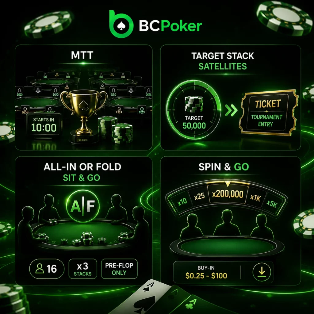 BC Poker tournament formats banner featuring MTT, Target Stack Satellites, All-in or Fold Sit & Go, and Spin & Go poker modes with green neon casino visuals