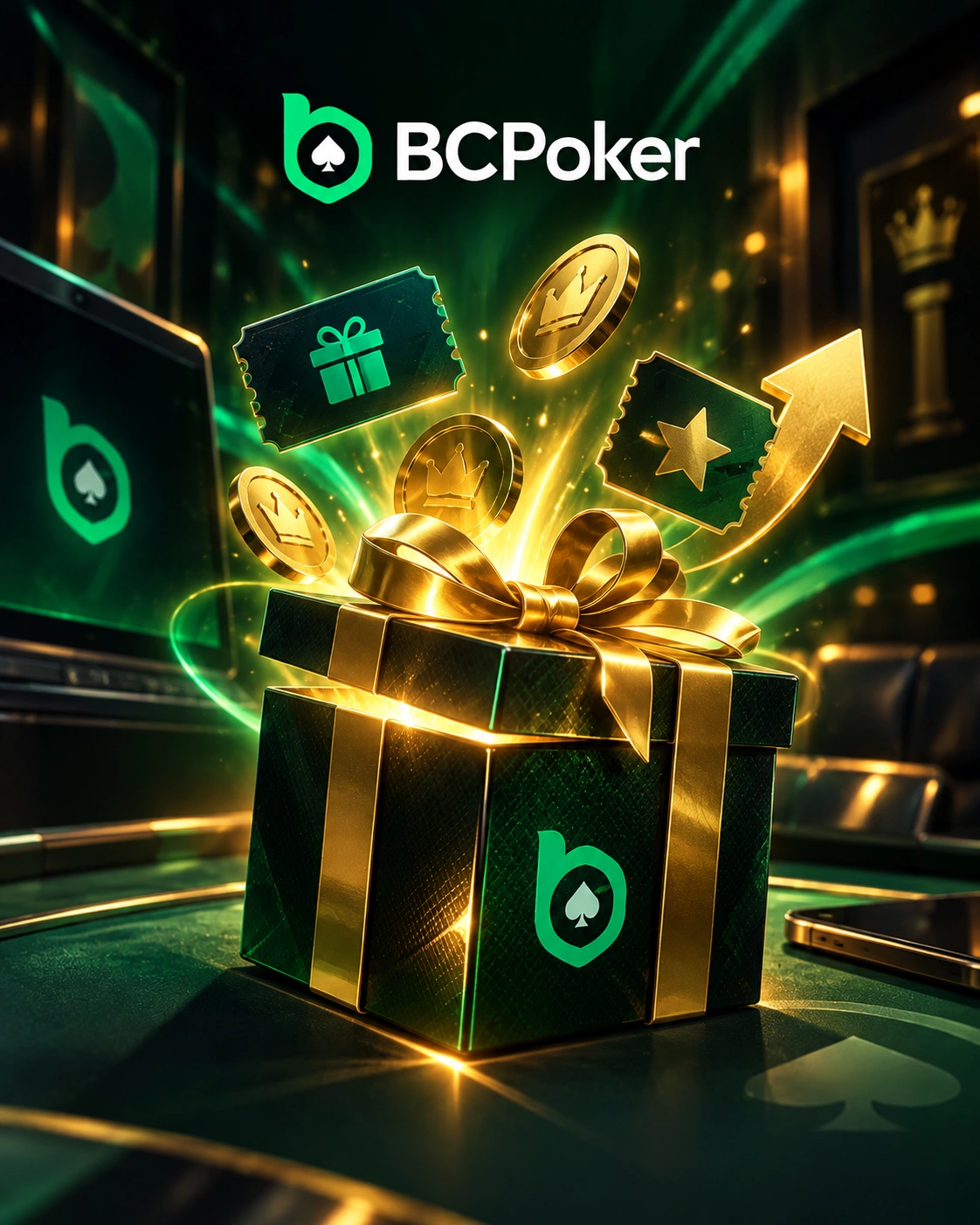 BCPoker bonus offers with a gift box, reward tickets and gold coins in a poker room