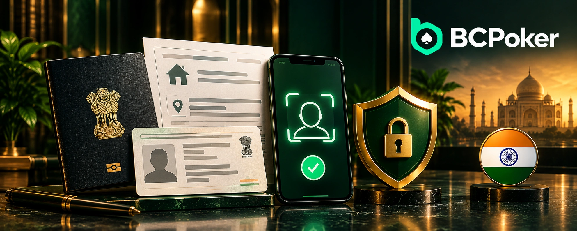 BCPoker KYC verification with identity documents, selfie check, security shield and India flag