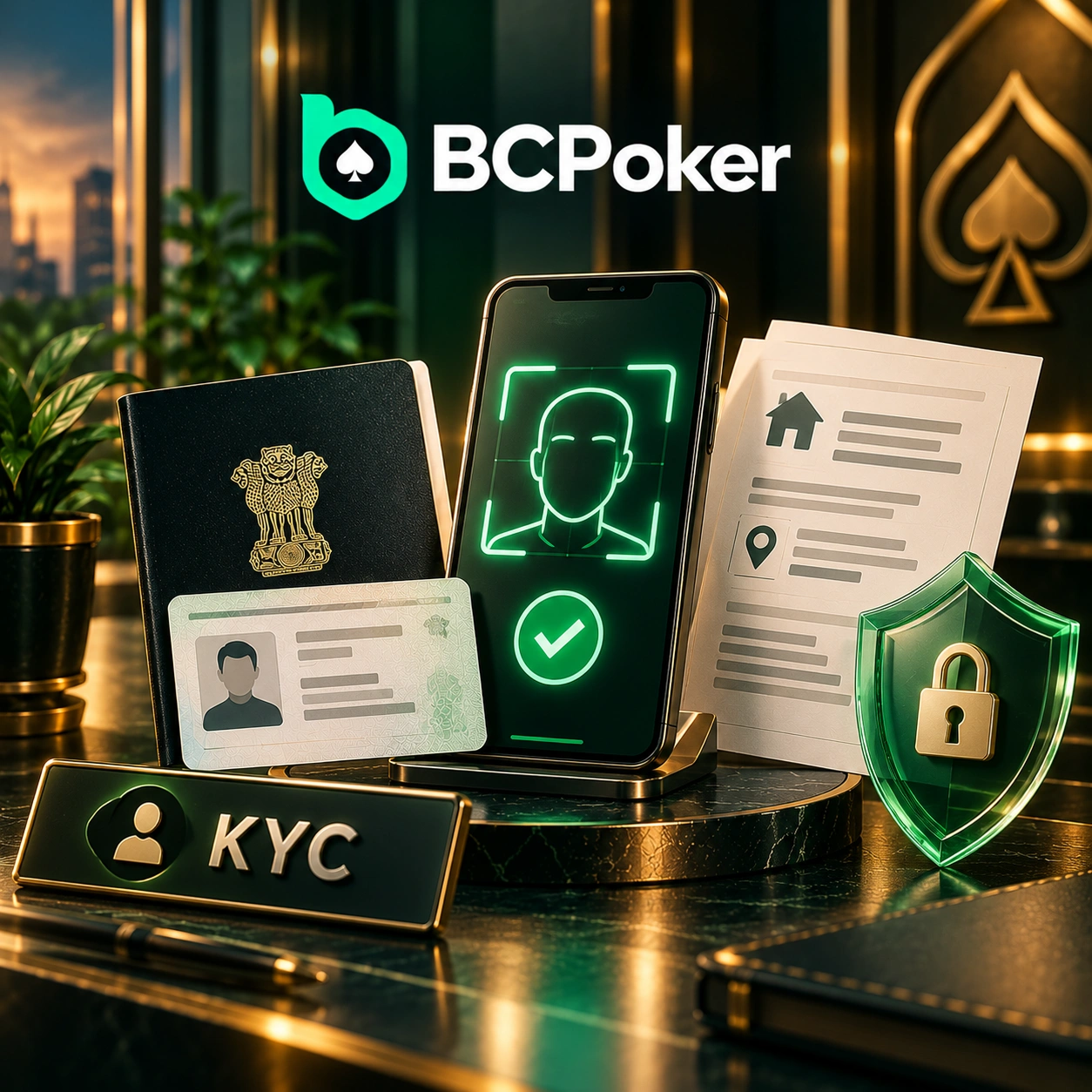 BCPoker KYC policy with identity documents, biometric verification and security shield