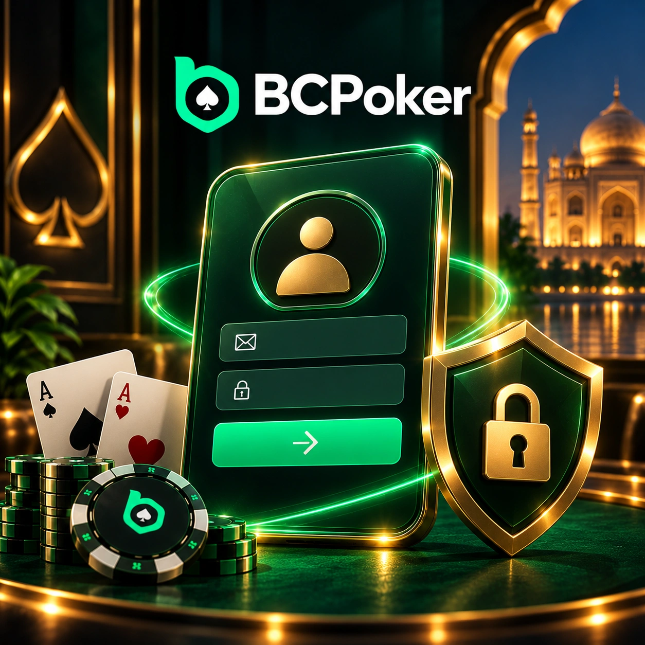 BCPoker login and registration interface with security shield and poker elements