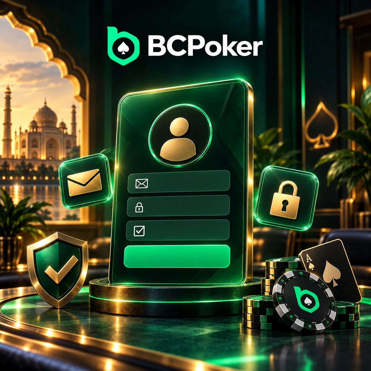 BCPoker registration panel with account security icons and poker elements