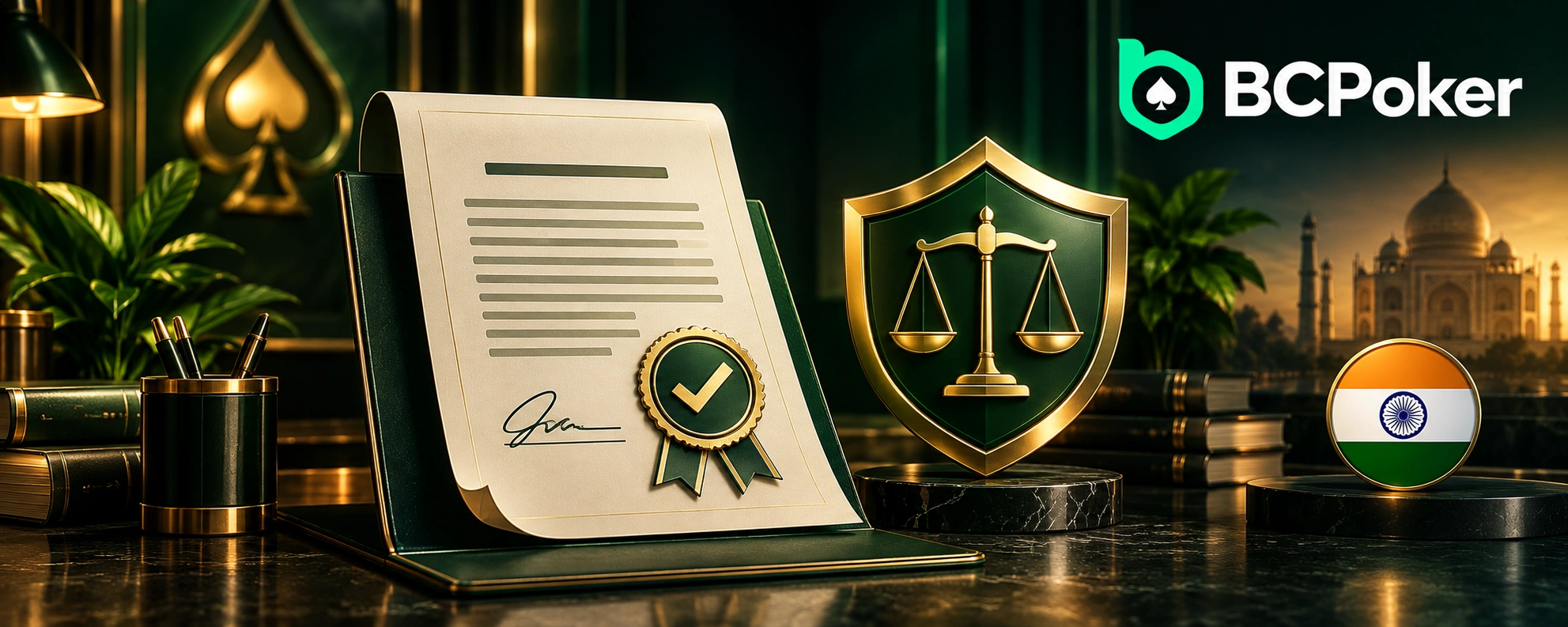 BCPoker terms and conditions with contract, security shield, scales and India flag