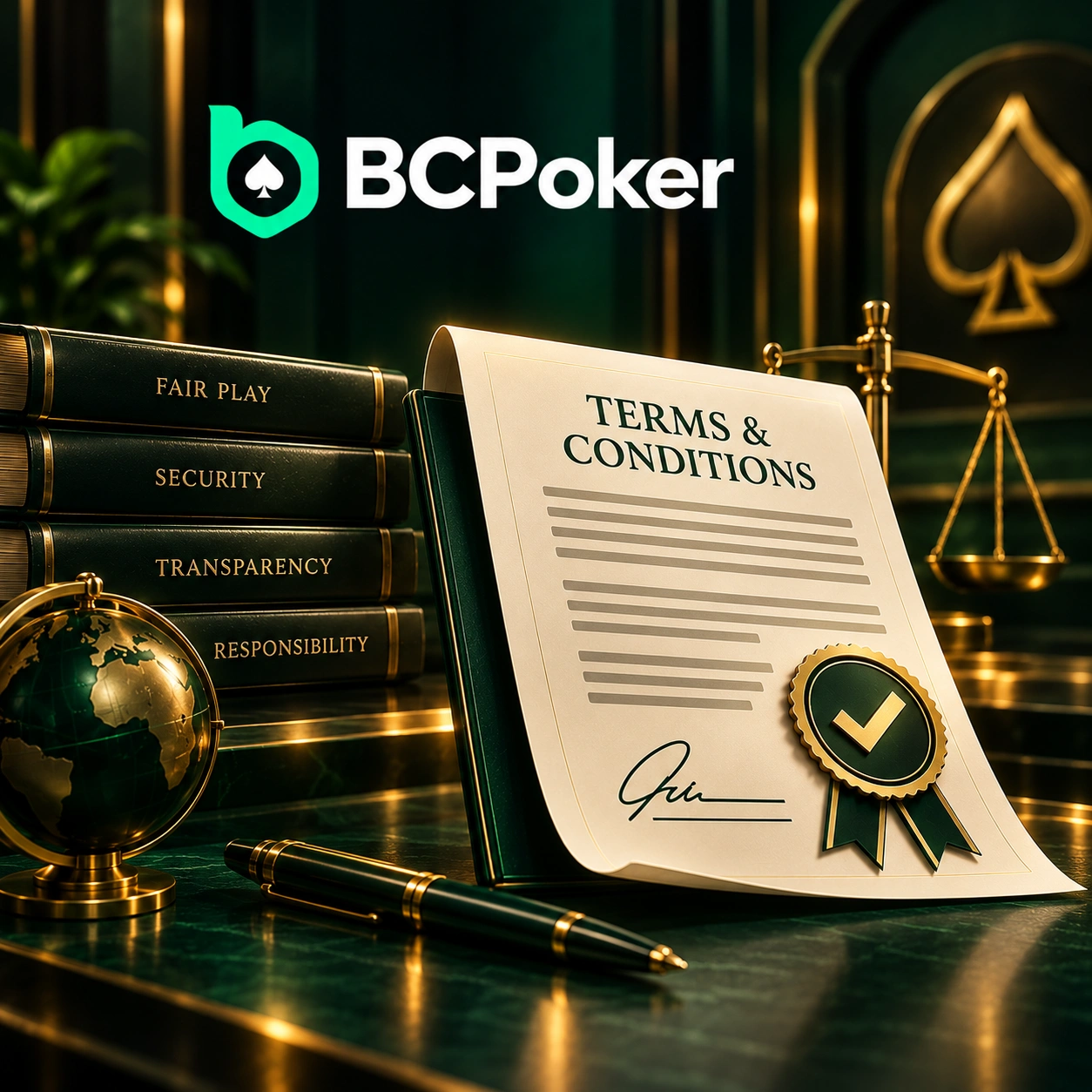 BCPoker terms and conditions with contract, verification seal, legal books and justice scales