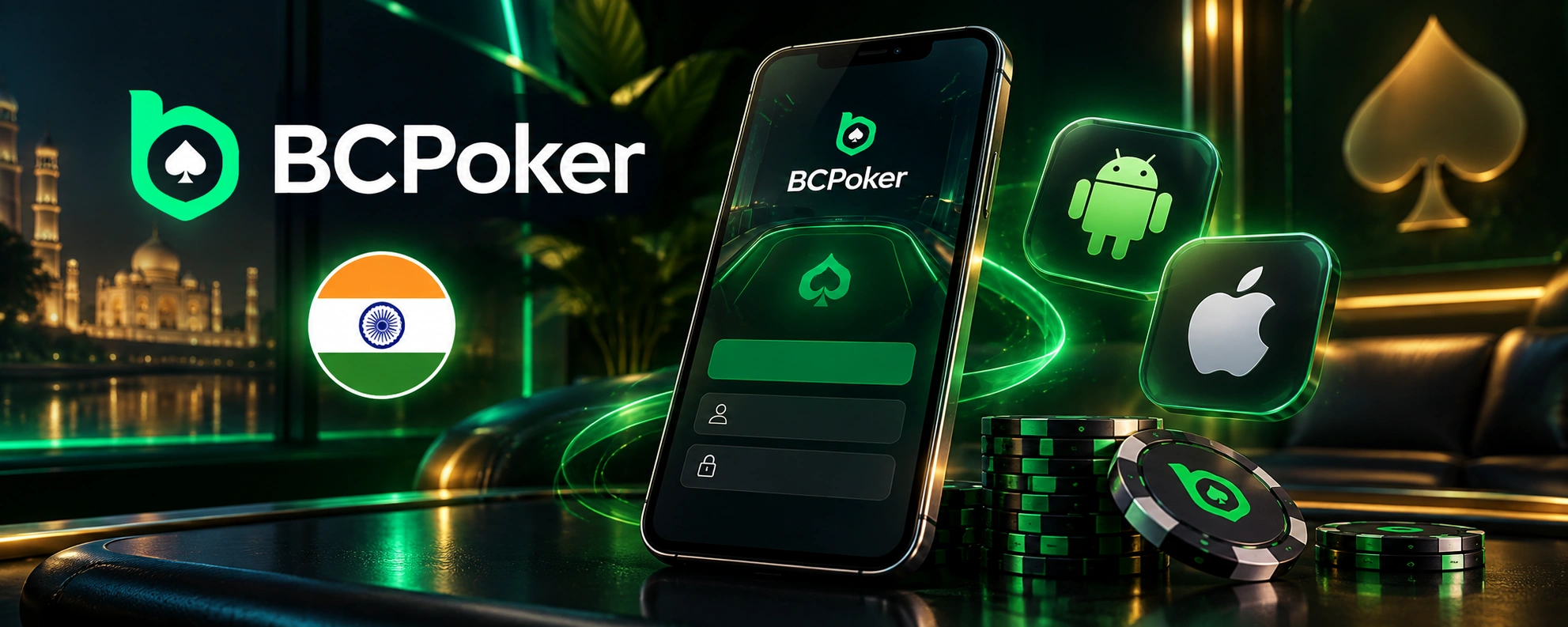 BCPoker mobile app on smartphone with Android and iOS icons and Indian flag