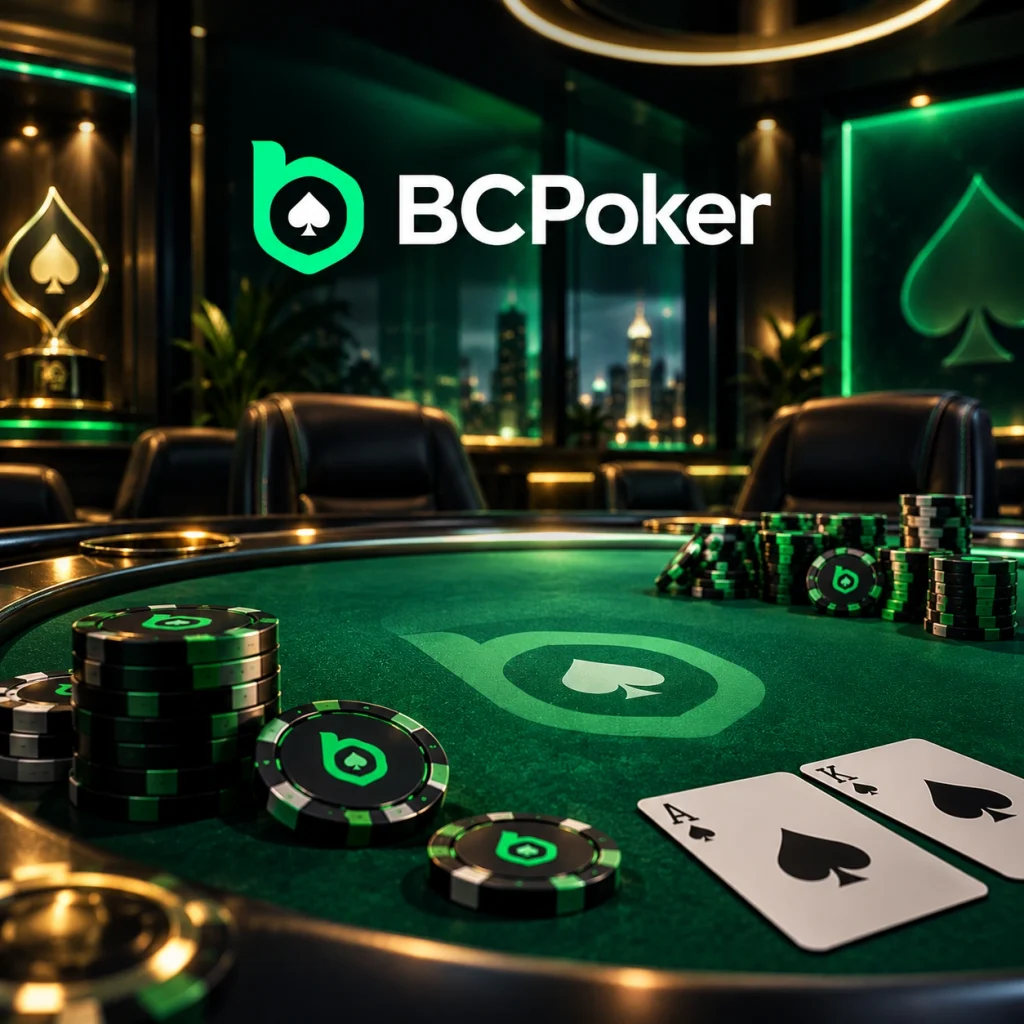 BCPoker poker table with branded chips and cards for newly registered players