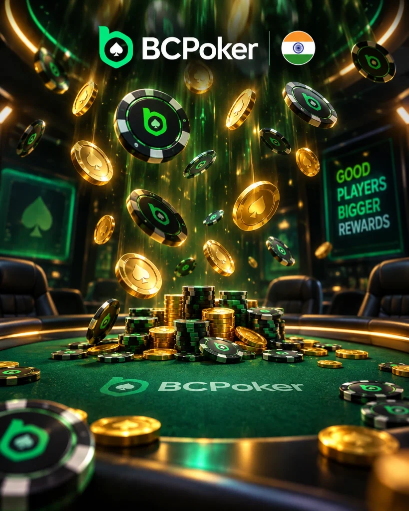 BCPoker cash drops on an active poker table with falling chips and India flag